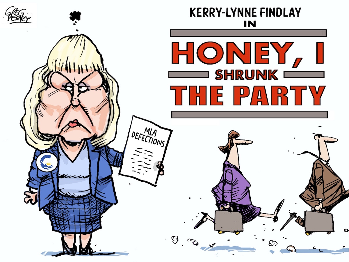 A cartoon shows a blond white woman wearing a blue suit and holding a sheet of paper that reads &lsquo;MLA defections,&rsquo; next to the words &lsquo;Kerry-Lynne Findlay in Honey, I Shrunk the Party&rsquo; above two suit-clad people hastening out of the frame.