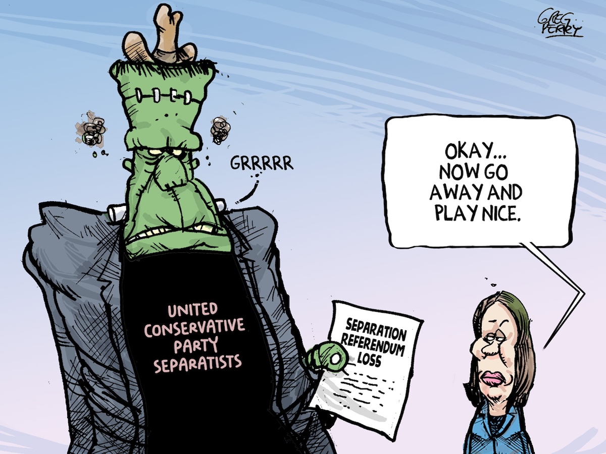 A cartoon shows an angry green Frankenstein, wearing a tiny cowboy hat and a shirt labelled &lsquo;United Conservative Party separatists&rsquo; and holding a paper that reads &lsquo;Separation referendum loss,&rsquo; alongside a caricature of Alberta Premier Danielle Smith saying &lsquo;Okay... now go away and play nice.&rsquo;
