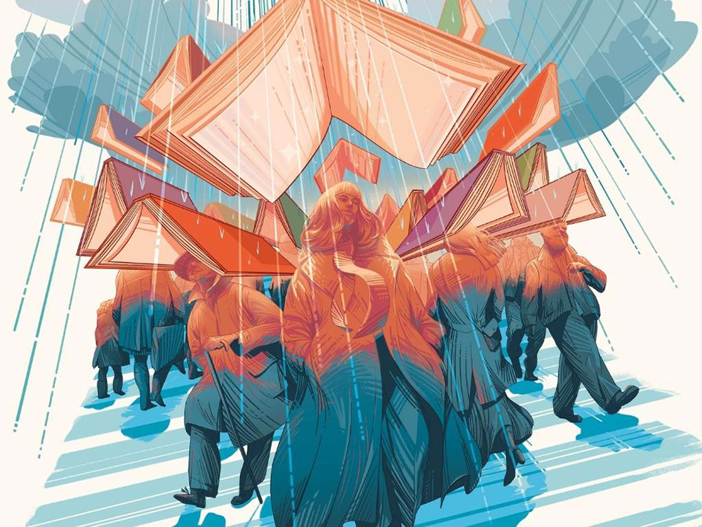An illustration of people coloured in a gradient of orange to blue, with floating books protecting them from the rain. 