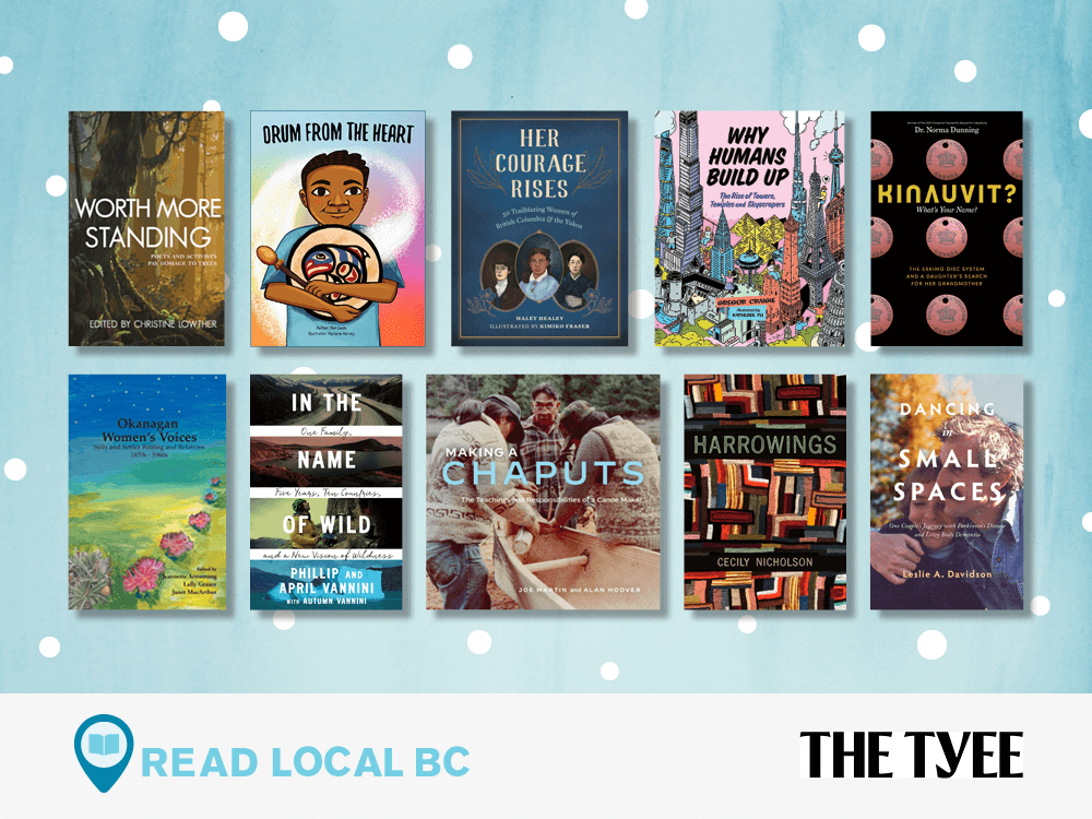 A tiling of 10 books on an illustrated blue wallpaper of falling snow. ‘Read Local BC’ and ‘The Tyee’ are written on white at the bottom.