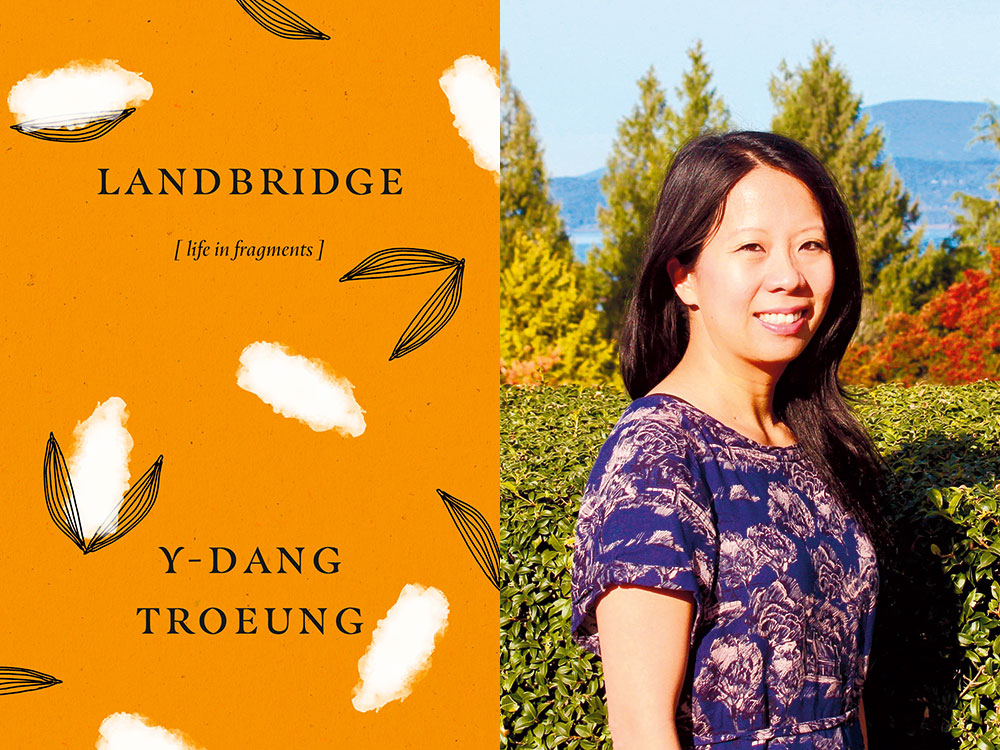 At left, and orange book cover with puffs of white clouds reads &lsquo;Landbridge.&rsquo; On the right, a side profile of a woman turning to the camera in a floral blouse. 