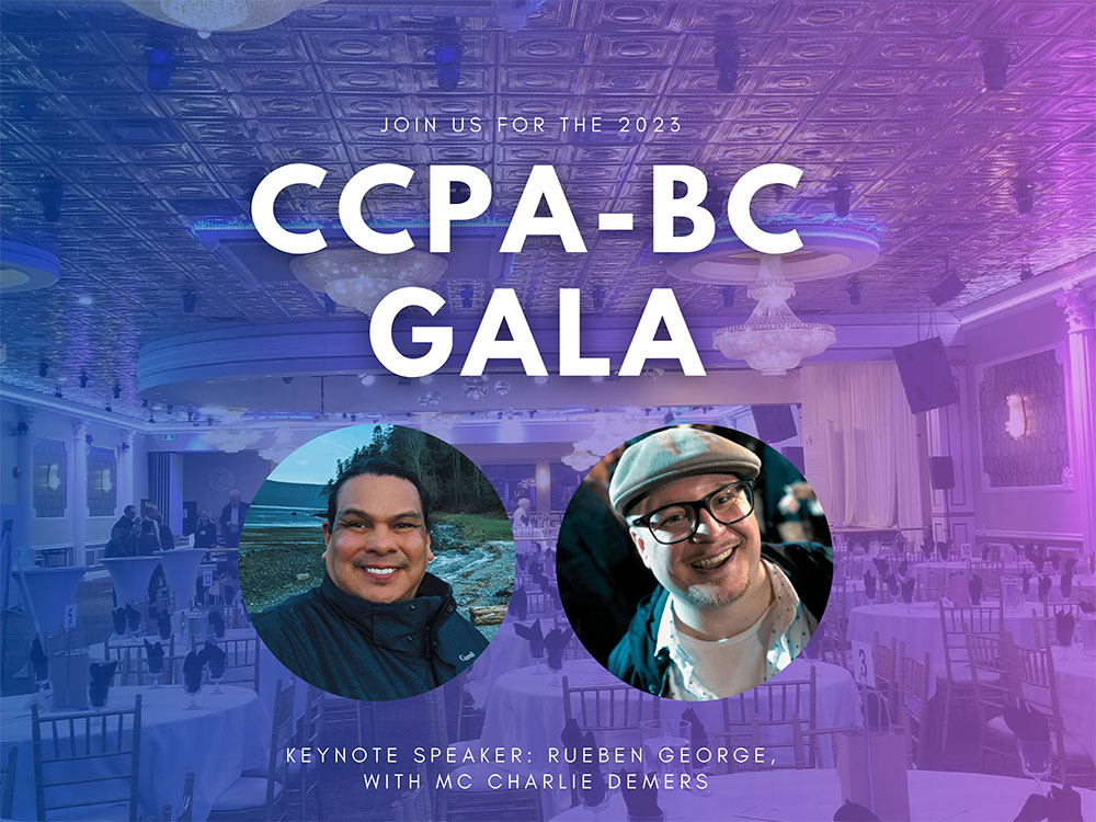 A gala room is in a purple wash. Overlay text reads ‘CCPA-BC GALA’ with two headshots in floating circles of Reuben George, left, and Charlie Demers, right. 
