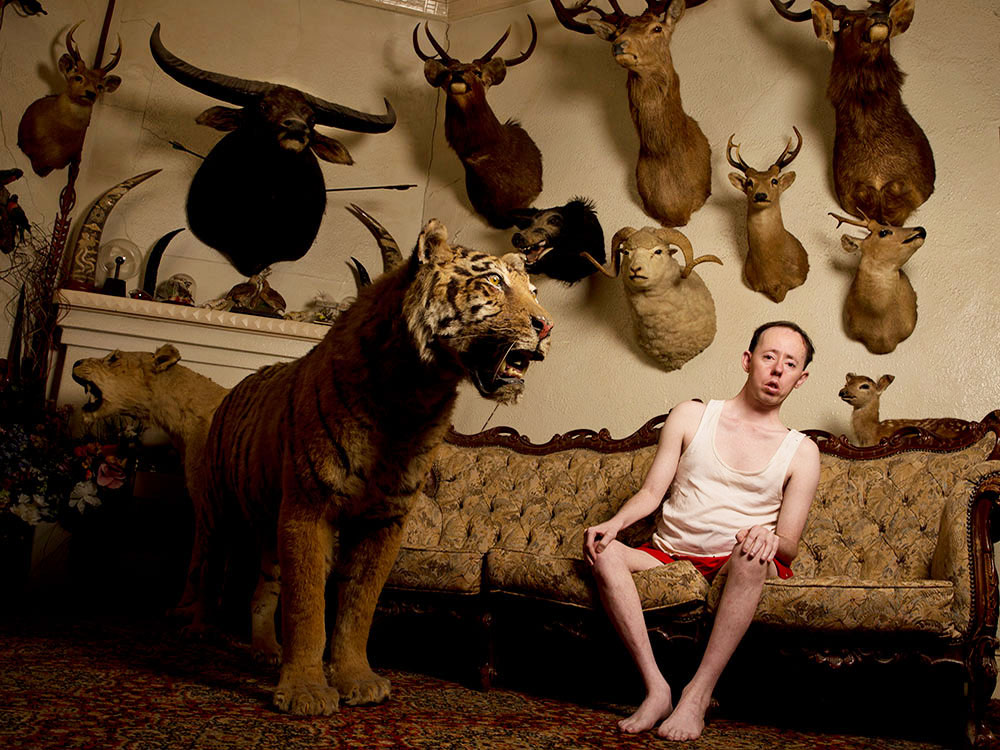 A white person sits leaning to the side on a couch in a dimly lit room. They are surrounded by taxidermied animals on the wall. A tiger head looms over them.