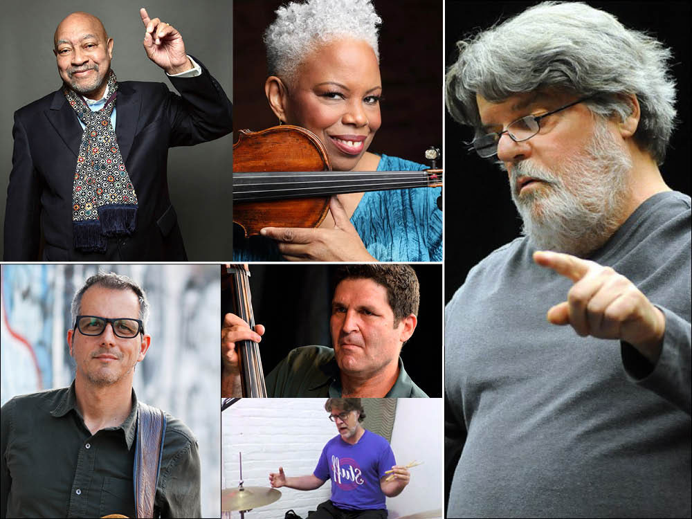 A tiled collage of musicians holding their instruments.