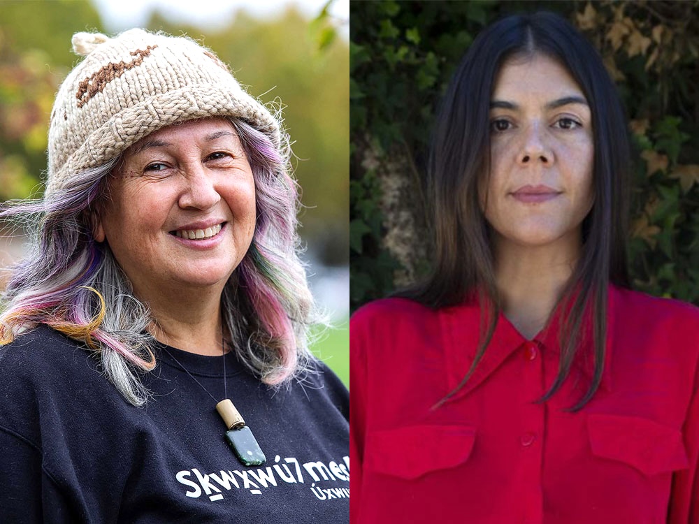 On the left, a woman with medium-light skin and wavy grey hair with multicoloured streaks, wearing a toque. On the right, a woman with light skin and straight dark brown hair wearing a red blouse.