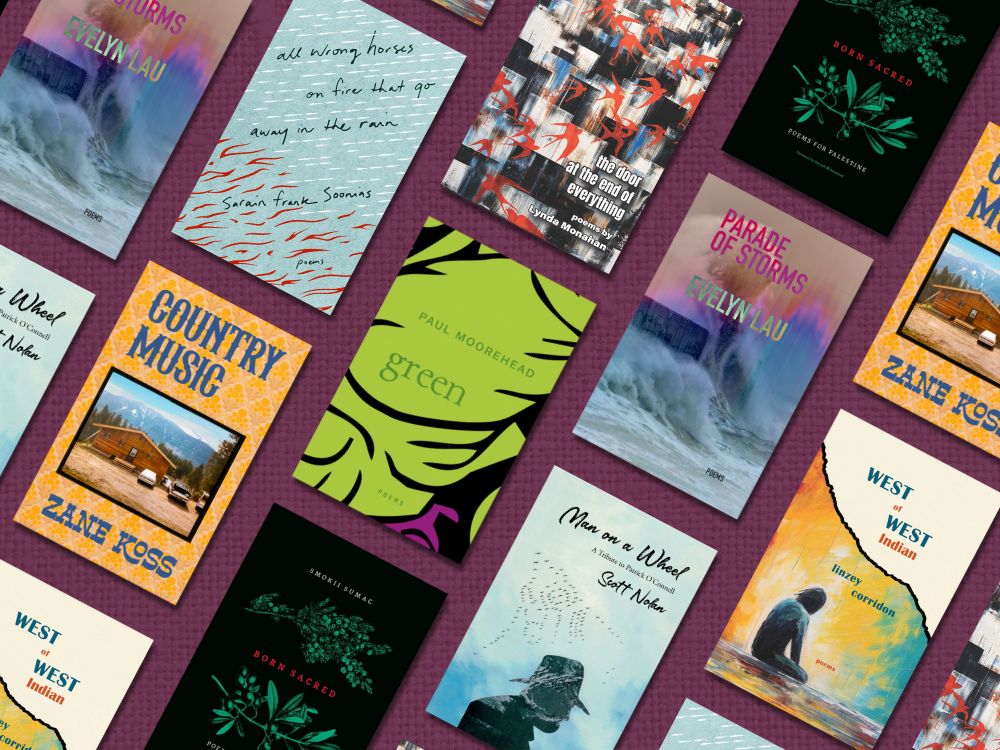 A grid of various poetry books sits against purple background.