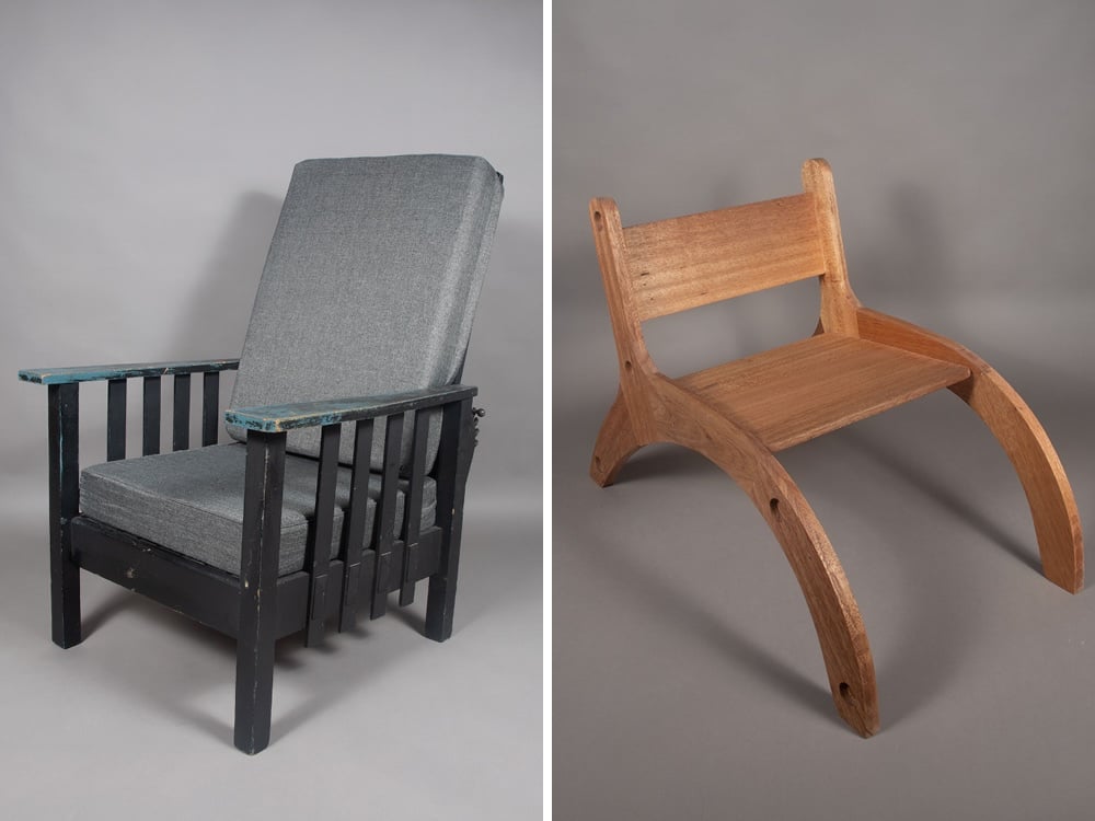 On the left, a dark slatted chair with a grey cushion. On the right, a chair made of light wood, with curved legs and a bare seat.
