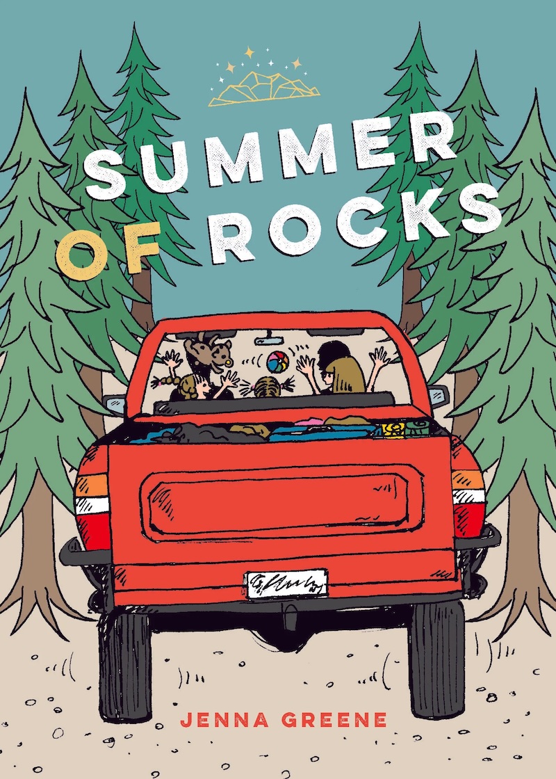 The book cover of ‘Summer of Rocks’ by Jenna Greene features an illustration of a red pickup truck driving on a dirt road with trees on either side. The backs of three children and toys being thrown in the air can be seen in the cab of the truck.