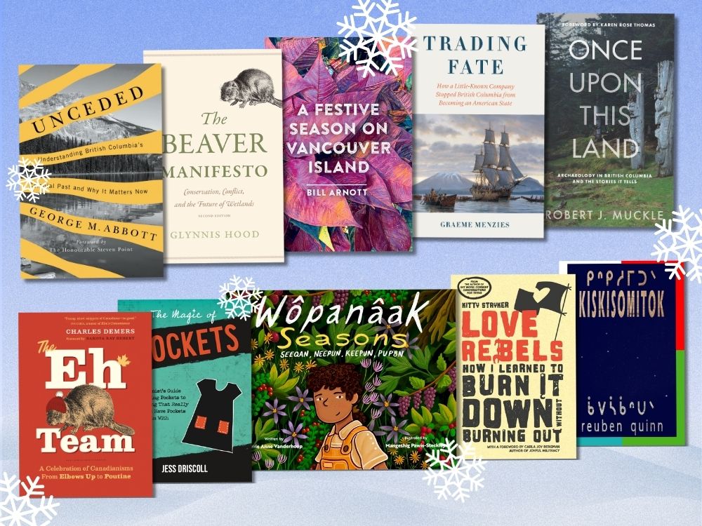 Ten book covers against a backdrop of snow-covered rolling hills under blue skies.