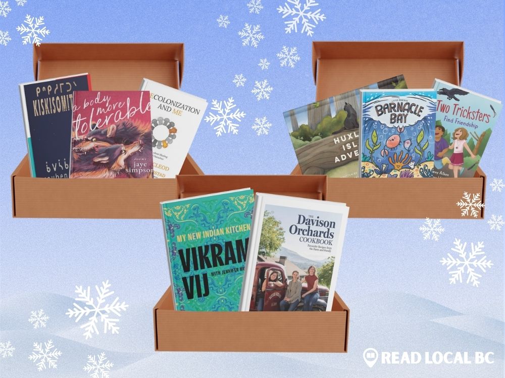 Three book boxes are propped open to show their contents, against a backdrop of snow-covered hills under blue skies.

