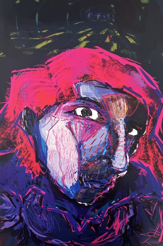 A digital illustration of a person's face in pink, red and purple colours.