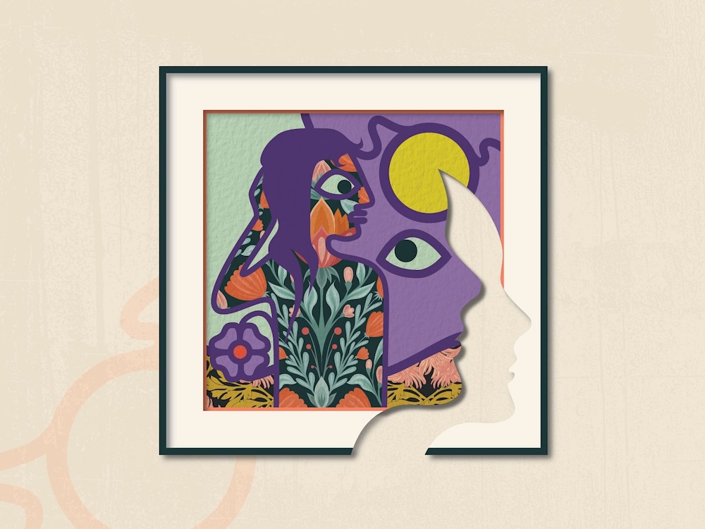 A framed artwork features profiles of faces in purple and floral patterns.