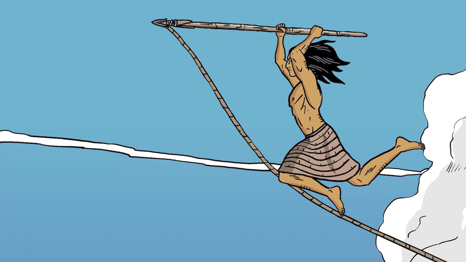 A digital illustration features a person to the right of the frame with long dark hair holding a spear connected to a long piece of rope. The person is leaping against a blue background.