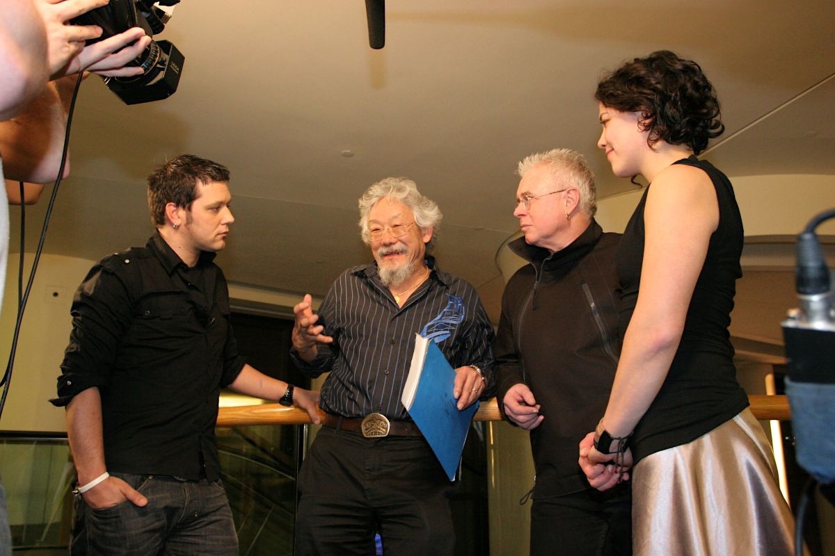 From left, George Stroumboulopoulos, David Suzuki, Bruce Cockburn and Severn Cullis-Suzuki.