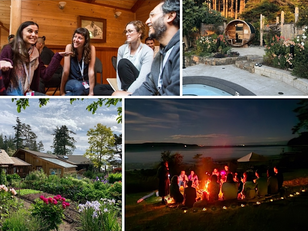 A collage of images of the Hollyhock Leadership Institute on Cortes Island.