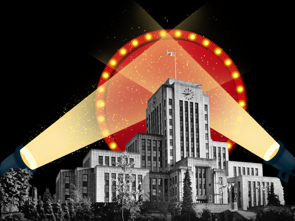 A black and white photograph of Vancouver City Hall sits against a black background and two yellow spotlights bisecting a red circle of lights in a marquee.