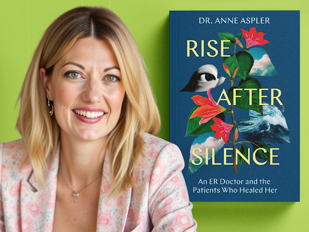 A photo of Dr. Anne Aspler wearing a pink floral blazer appears against a lime green background. The cover of her book, &lsquo;Rise After Silence,&rsquo; appears to her right. 