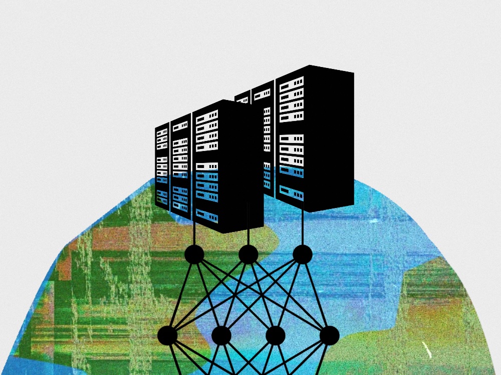 Illustration of data centre servers connected by a digital network over a globe.