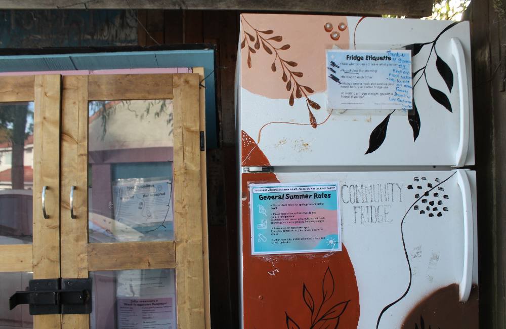 A white refrigerator to the right of the frame is painted with hand-drawn vines and pink and red spots of colour. There are signs on the fridge that communicate rules for the fridge. To its left is a handmade wooden cabinet with two doors that open with silver handles.