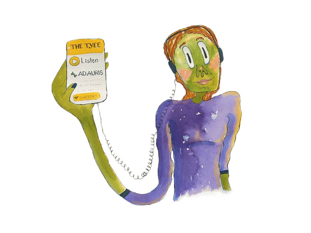 A cartoon illustrated woman with green skin and a purple three-quarter length shirt holds a cell phone with The Tyee and Ad Auris logos while listening to a Tyee story on headphones.