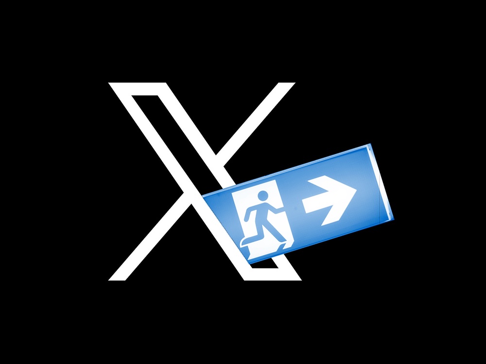 A large stylized X, the symbol of the platform of the same name, floats on a black background. A blue exit sign, with an arrow and a stick figure running to a door, points outwards from inside the X.