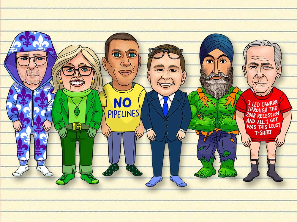 An illustration of six paper dolls modelled on Canada’s federal political party leaders, in colourful outfits.