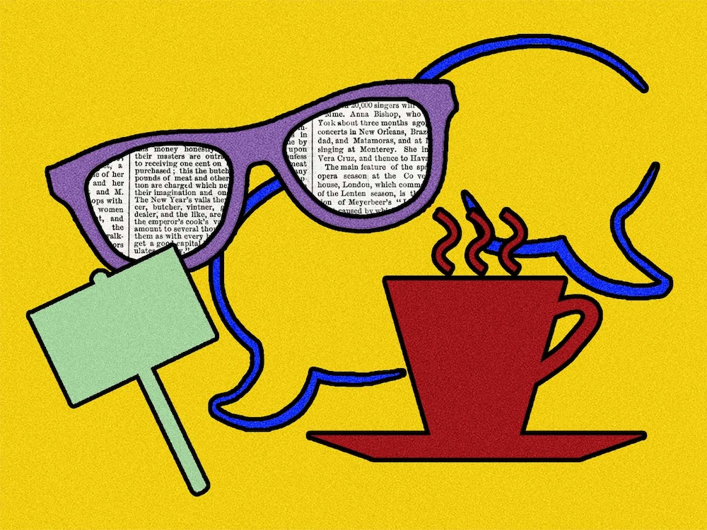 A graphic illustration features a pair of purple-framed glasses with newspaper copy in the lenses, a steaming teacup, two empty speech bubbles and an empty green sign.