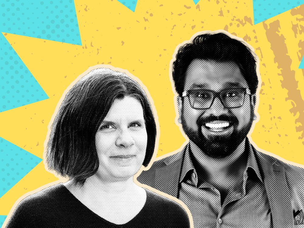 Black and white photos show the face of a woman with shoulder-length dark hair and a man who is smiling widely and has a beard, short black hair and glasses. The faces appear against a colourful background.