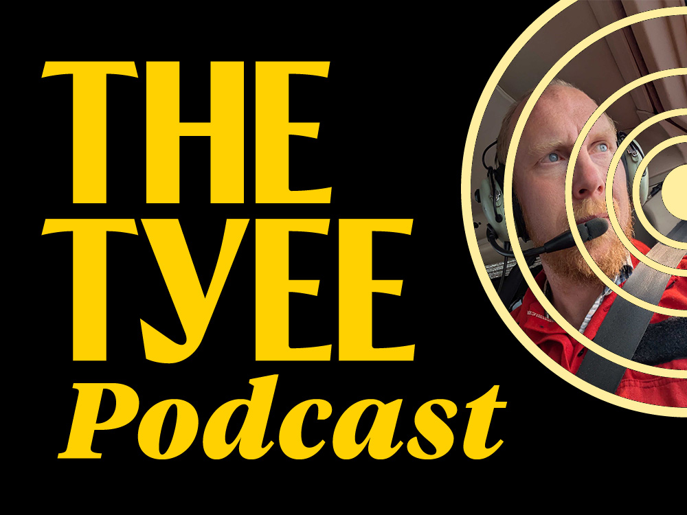 &ldquo;The Tyee podcast&rdquo; in yellow script with a circular white graphic to its right. Contained within the circles is an image of a light skin toned man with a beard sitting in a wildfire fighting helicopter.