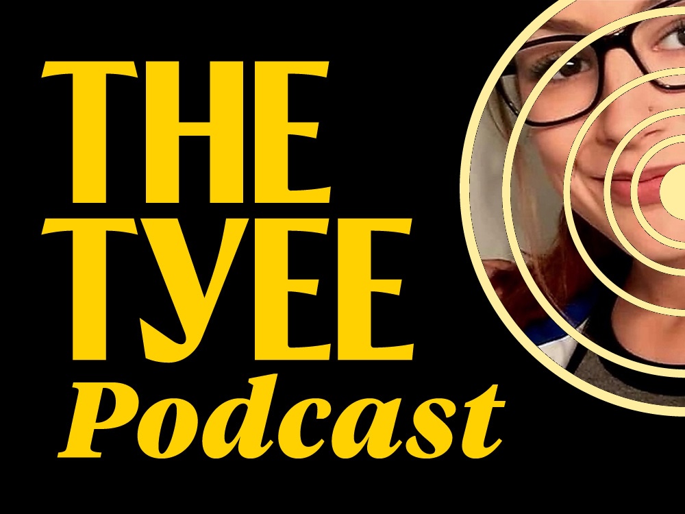 &lsquo;The Tyee Podcast&rsquo; in yellow script with a circular white graphic to its right. Contained within the circles is a photo of Tatyanna Harrison.