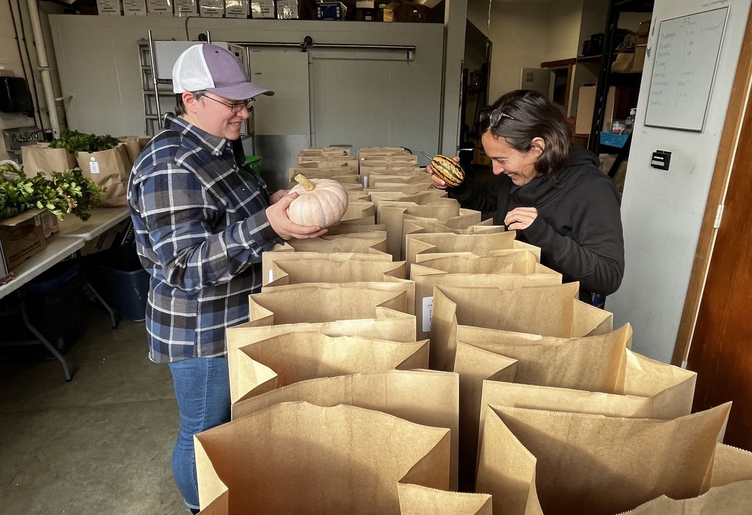 Two people stand on either side of a long table covered in brown paper shopping bags. They are adding squash to the bags. One wears a ball cap and greyish plaid shirt; the other a black jacket.