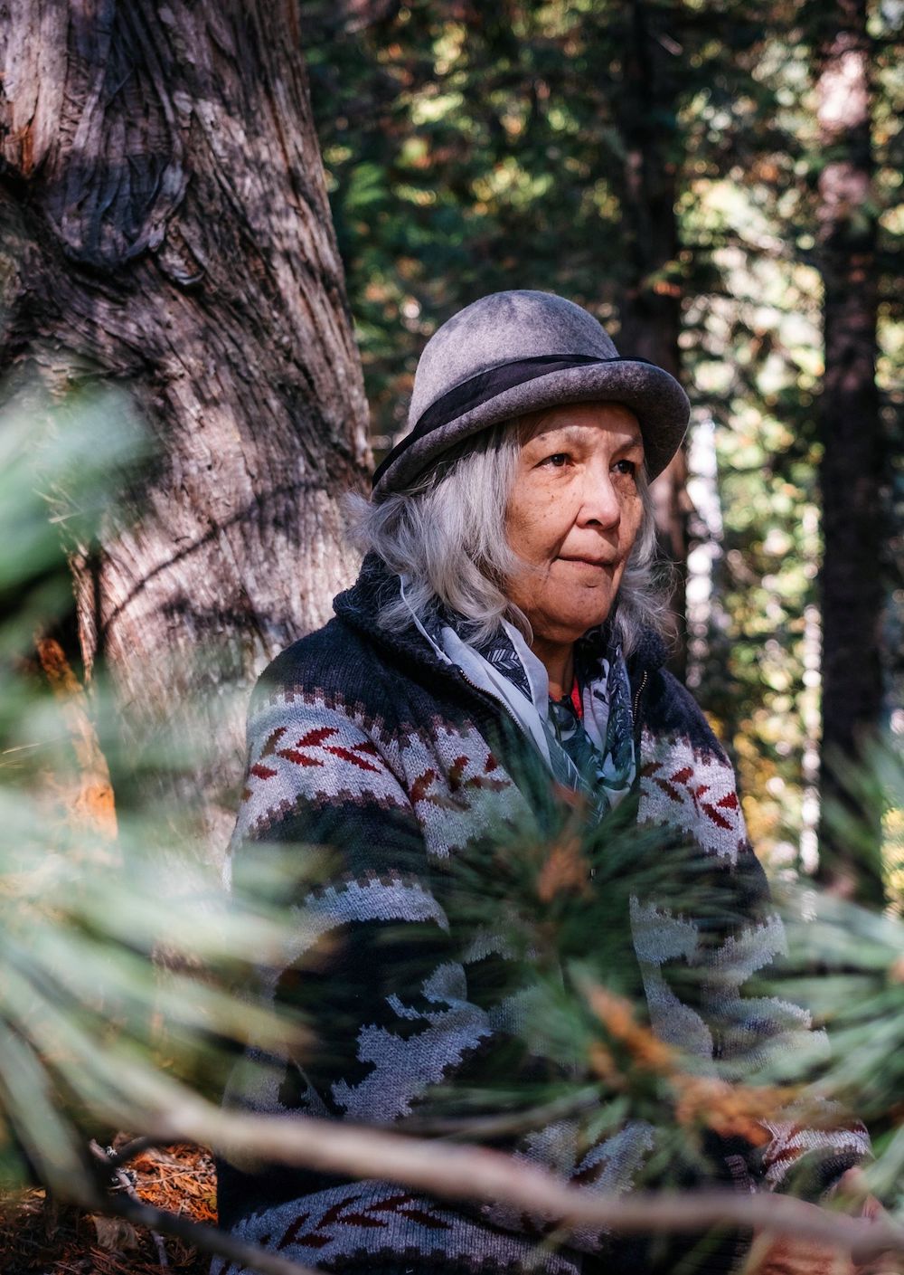 An elderly, grey-haired Indigenous woman wearing a round-brimmed hat and a sweater with an Indigenous geometric pattern stands next to a tree and looks to the right.