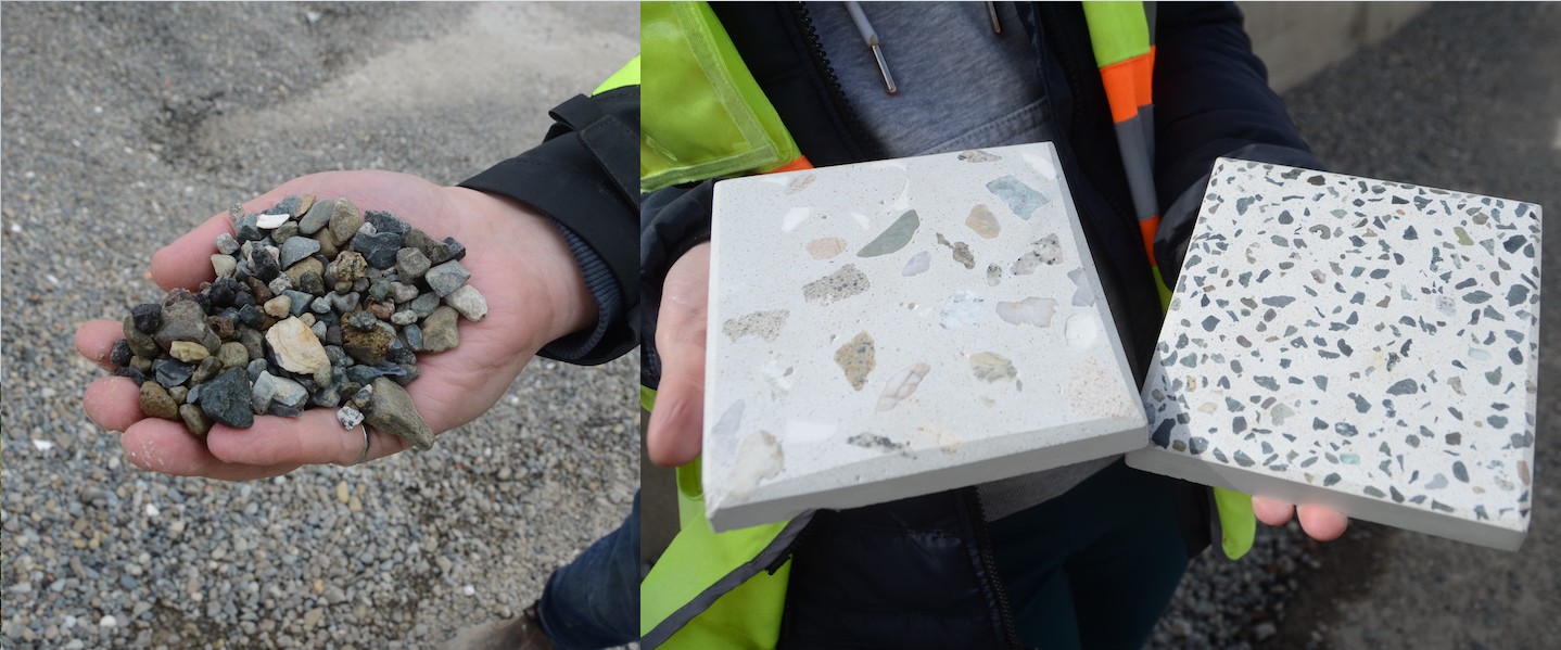 Two photos side by side. On the left, a person holds a handful of multicoloured aggregate rock. On the right, two light-grey tiles with different patterns of inlaid aggregate rock.