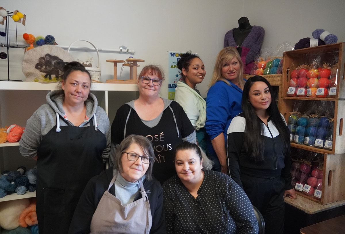 Seven women pose for a photo in the storefront of Woolwerx, amidst shelves of colourful wool.