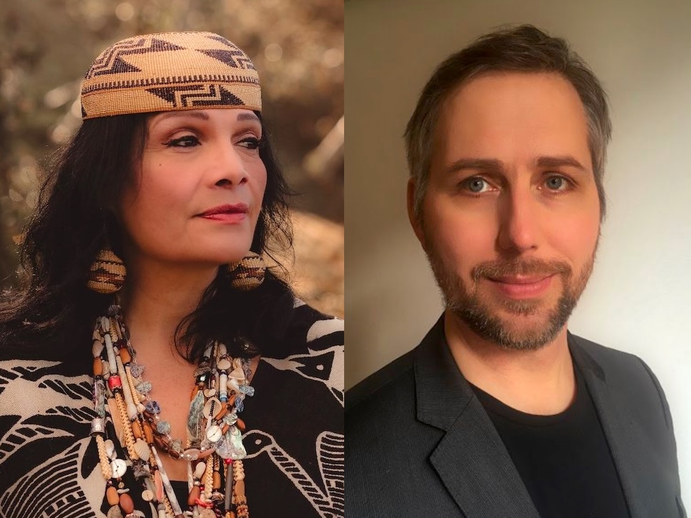 Two photos. On the left, a woman with light skin and dark hair wearing a woven cap, woven earrings and several strands of necklaces made of beads, buttons and shells. On the right, a man with light skin and short dark grey hair and goatee wearing a grey jacket over a black T-shirt.
