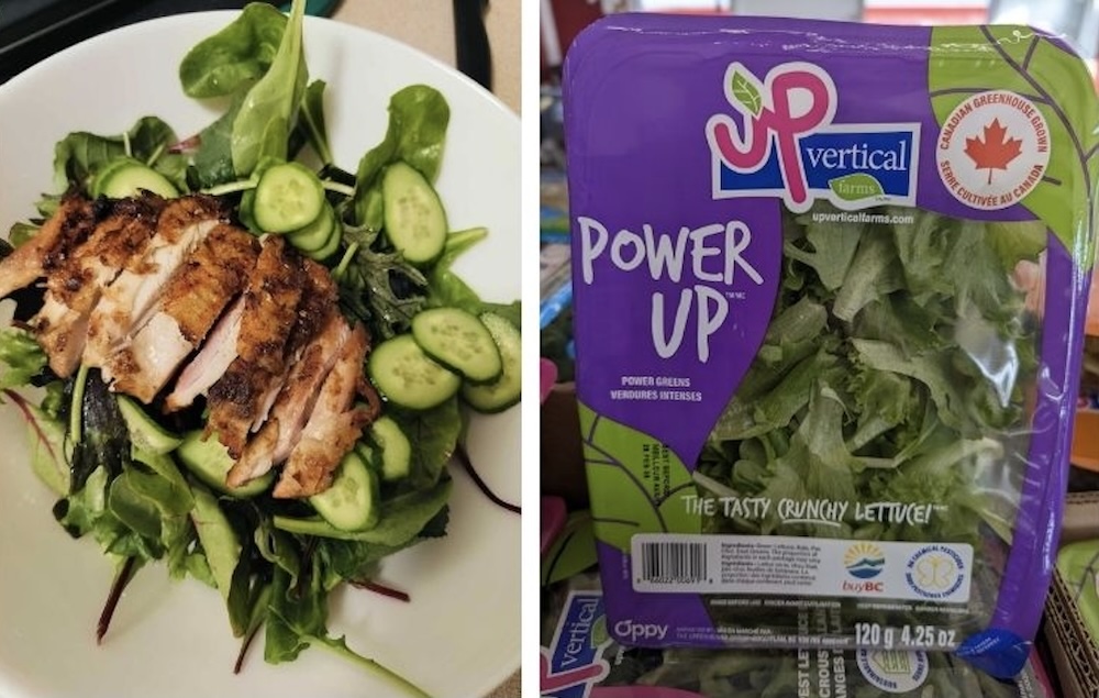 On the left, a green salad with sliced grilled chicken on top. On the right, a box of packaged greens says ‘UP Vertical Farms’ and ‘Power UP.’