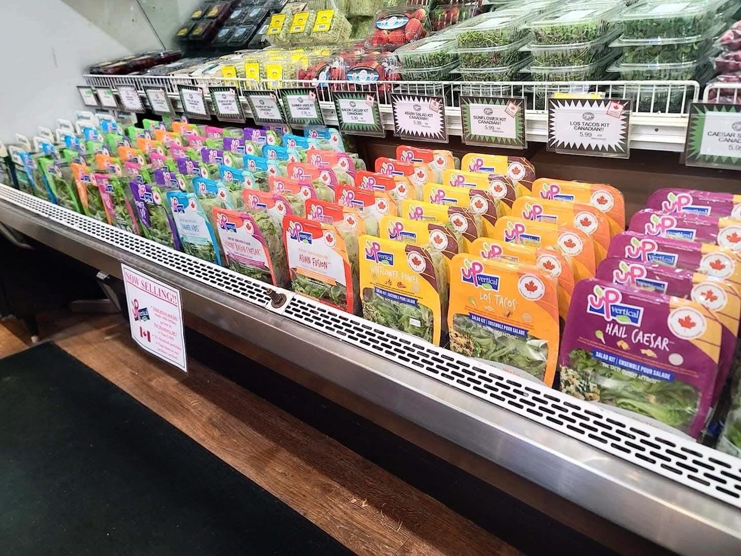 An array of packaged salad kits in the produce section of a grocery store.