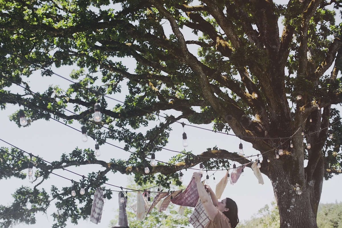 The tall, broad branches of a deciduous tree comprise most of the frame, and strings of lights hang from the lower branches. Maggie Harrison, a woman with dark shoulder-length hair, stands hanging laundry across a line in the branches to the lower right of the frame.