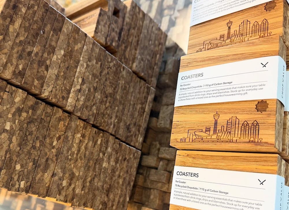 Multiple coasters made from recycled chopsticks at ChopValue’s Calgary location.