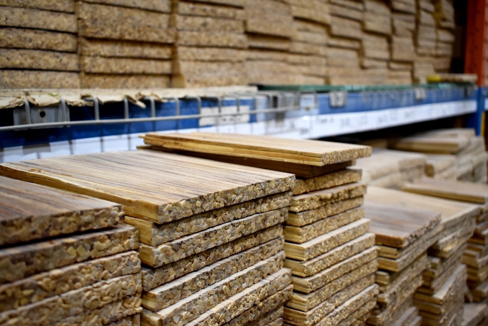 Stacks of tiles made from recycled chopsticks.