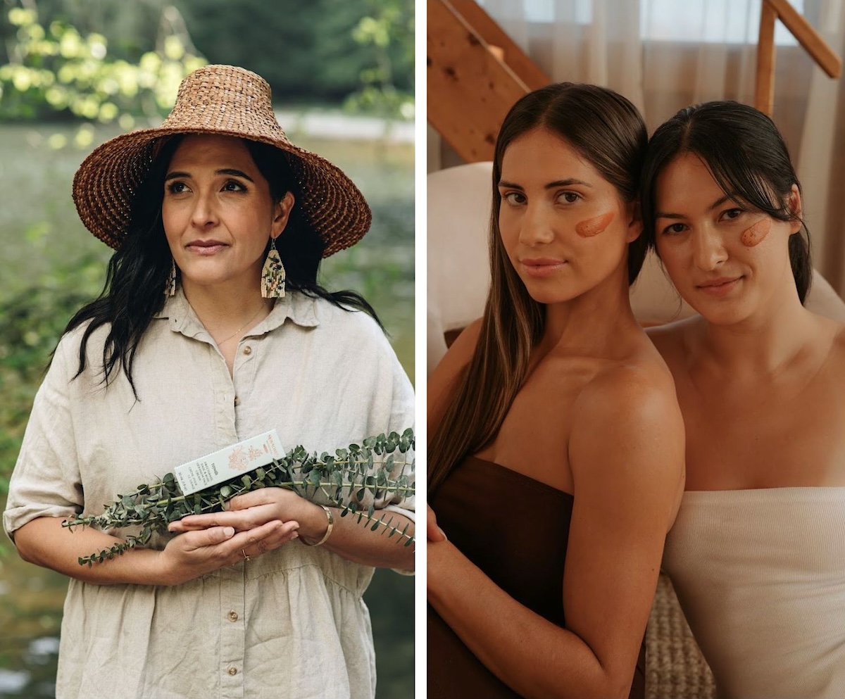 Left, a woman stands in a field holding a plant and a bottle of skin care. Right, two young women pose beside each other. Moisturizer is on their faces.