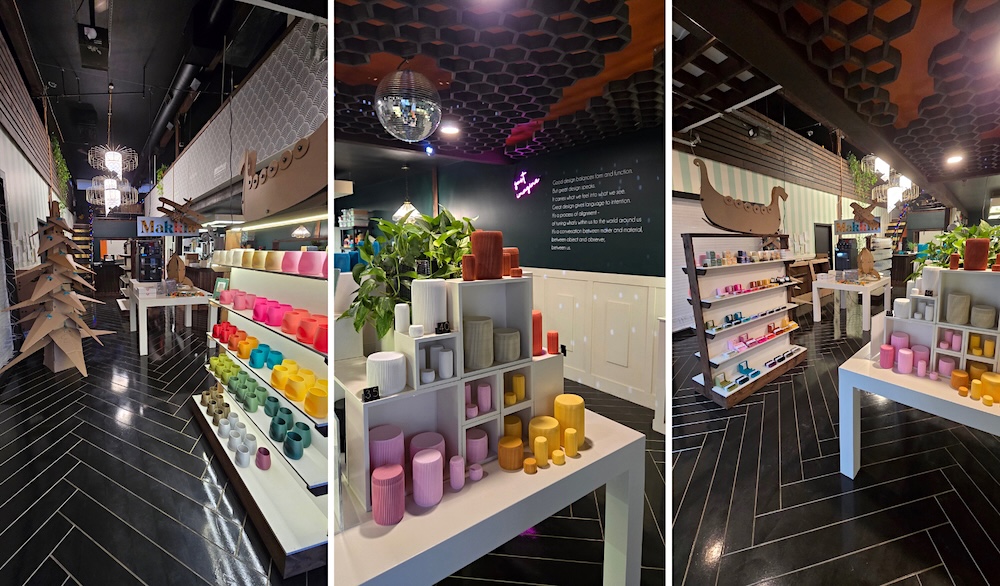 The three photos are taken inside Rogerie's store, which features household items made from plastic and children's toys called Mackins.