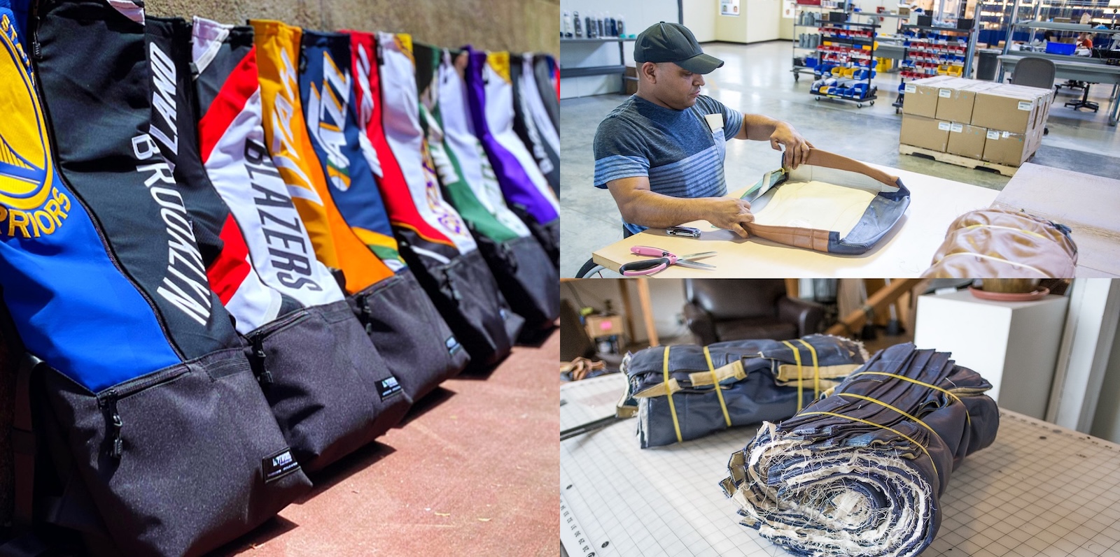 On the left, an image of a row of bags with NBA team jerseys. On the right, an image of a worker upcycling airline seats.