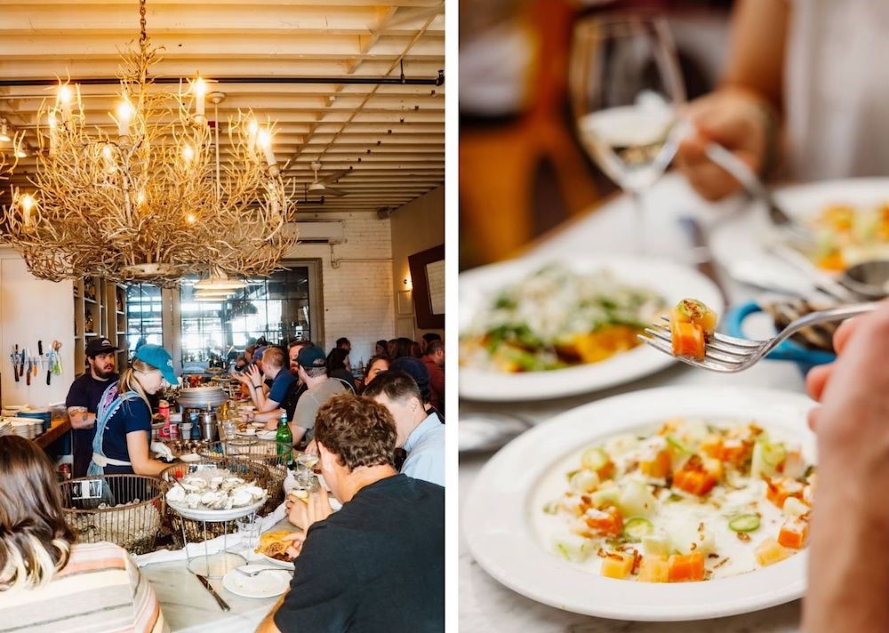 Two images side by side. On the left, numerous people gather around a restaurant bar while waiters serve up food. The right image is a close-up of a dish featuring Wildtype&rsquo;s salmon. 