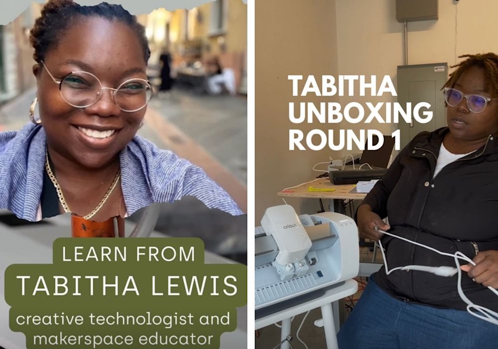 A young Black woman smiles in an image with reversed-out words: Learn from Tabitha Lewis, Creative Technologist and Makerspace Educator.